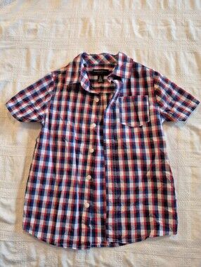 French Toast boys size 6 red blue white plaid short sleeve button up shirt VGUC
